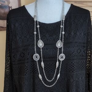 Chico's Double Strand Silver Necklace with Filigree and Circle Accents NWT